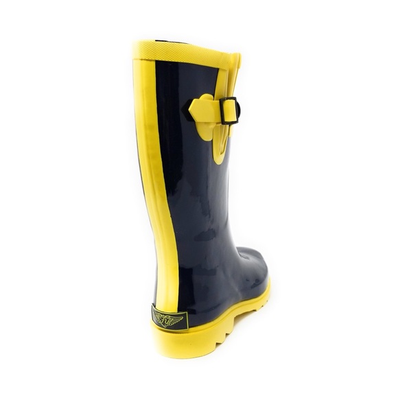 Women's Navy / Yellow 11" Rubber Rain Boots, Wellies Rainboots - Picture 3 of 3